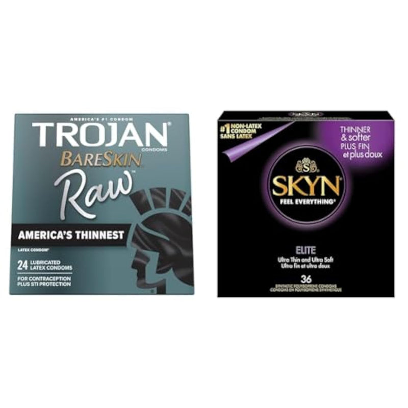 TROJAN BareSkin Raw Thin Condoms, Lubricated, Ultra Thin, 24 Count Pack & SKYN Elite 36 Count Ultra-Thin, Lubricated Latex-Free Condoms