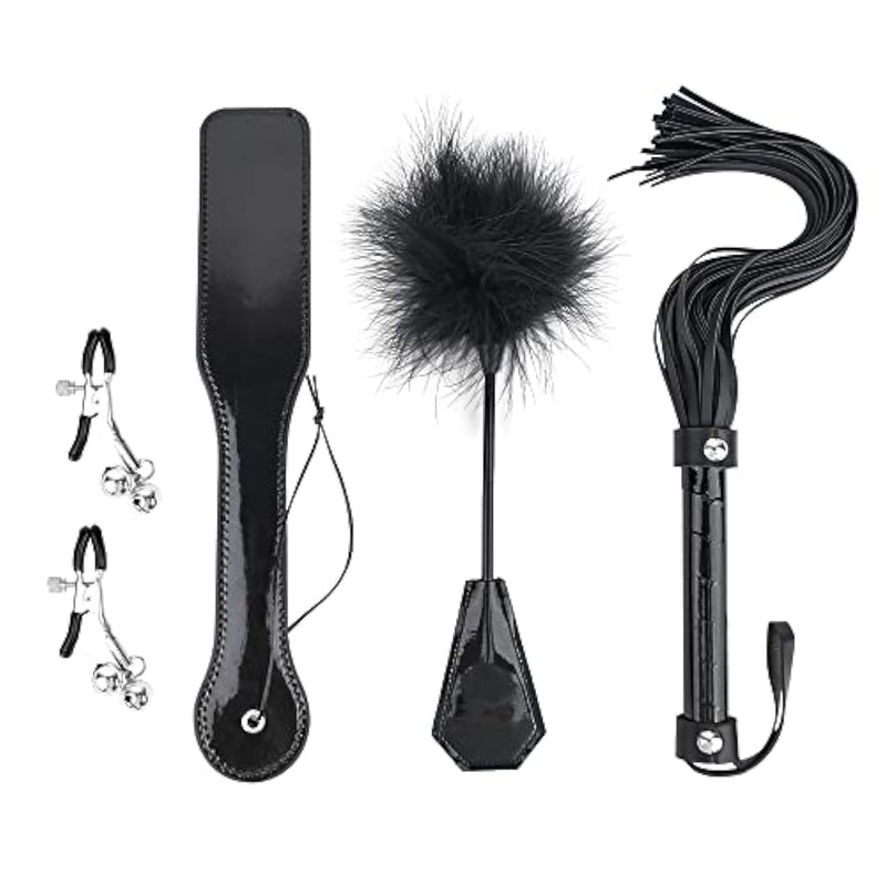 4Pcs Sm Bondage Set Sex Whip Adult Paddle Slap Leather Whip Flirting Feather Tickle And Bells Nipple Clamps For Adults Sex Games (Black)
