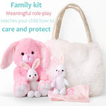 Easter Gifts For Kids, Stuffed Bunny Toy 5 Pcs - Mommy Stuffed Rabbit, 2 Baby Bunnies And Furry Bag. Soft Easter Bunny Plush Gift For Kids 3-5