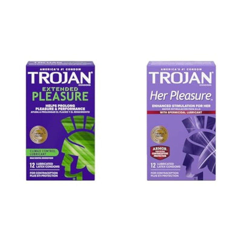 TROJAN Extended Pleasure Climax Control Extended Pleasure Condoms, 12 Count & Her Pleasure Sensations Spermicidal Lubricated Condoms, 12ct