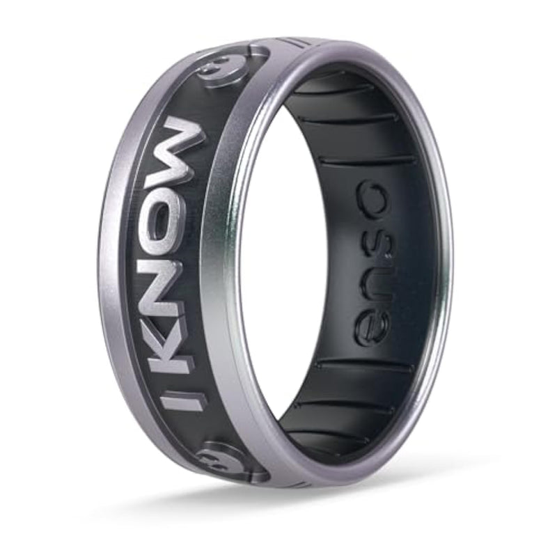 Star Wars Silicone Ring - Comfortable And Flexible Design - I Know You (English) - Icy Silver/Black Pearl - Size 8