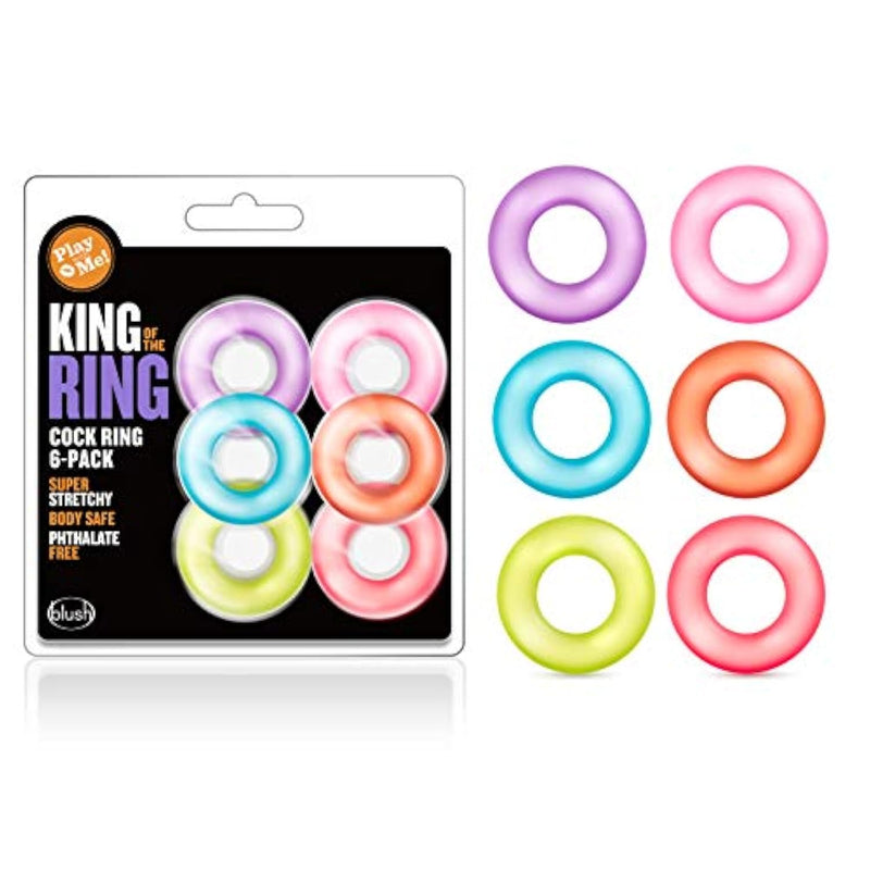 Blush Play With Me King Of The Ring 6 Pack Silicone Penis Ring Set - Soft & Super Stretchy Durable Cock Rings For Men - No Pinch, Stay Hard, Prolong, Performance Enhancer Adult Sex Toy - (Multicolor)
