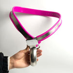 Male Chastity Belt With Penis Cage Y-Shape Stainless Steel Adjustable Bdsm Slave Anti-Cheating Sissy Bondage Device (Pink 60-90Cm)