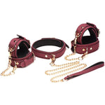 6 Piece Burgundy Velvet Adult Sex Bondage Restraints Set For Women, Men, & Couples, Adjustable Wrist & Ankle Cuffs, Collar, & Leash With Connecting Chains, Bdsm Kit - Black & Red