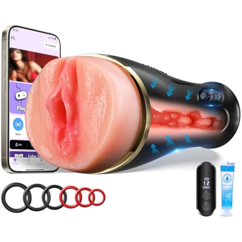 Vibrating Male Masturbator Sex Toys - 7.5" Depth Squeezable App Control Male Vibrator Stroker With 12 Vibrations, Plump Fleshy Realistic Pocket Pussy Vagina Blowjob Adult Sex Toys For Men Masturbating