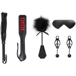 5Pcs Restraints Kit With Feather Tickler & Paddle & Flogger & Blindfold & Nipple Clamps For Adult Women Men Games Play (Black)