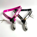 Male Chastity Belt With Penis Cage Y-Shape Stainless Steel Adjustable Bdsm Slave Anti-Cheating Sissy Bondage Device (Pink 60-90Cm)
