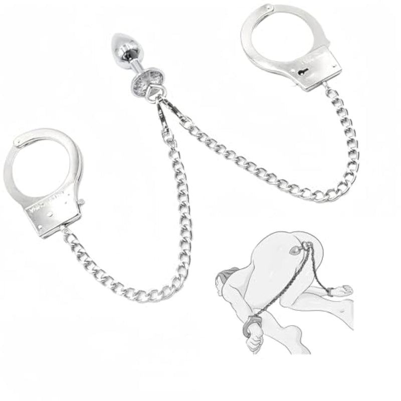 Bondage Restraint Handcuffs With Anal Plug - Alloy Long Chain Wrist Cuff With 2 Keys And Jewel Anal Beads Training Kit | Adult Sex Toys For Men And Women Couple Beginners Bdsm Game Play