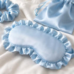 3 Pcs Ruffled Satin Eye Mask Set Light Blue Silk Sleep Mask Silky Blindfold Eyeshade Blackout Eyes Cover Hair Scrunchie and Storage Pouch for Bachelorette Party Bridal Shower Wedding Gift