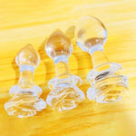 3Pcs Clear Rose Glass Anal Plug, Small Medium And Big Clear Glass Butt Plug Training Set Anal Plug Trainer Kit Sex Slave Anus Dilator Prostate Massage Anal Sex Toy For Women Men Couple