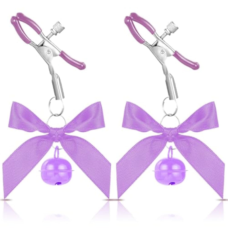 2Pcs Body Jewelry Non Piercing, Adjustable Nipple Clamps For Adult, Stainless Steel Bow Nipples Clips With Bell, Pressure Nipples Clamps With Chain, Purple Nipple Jewelry For Adults
