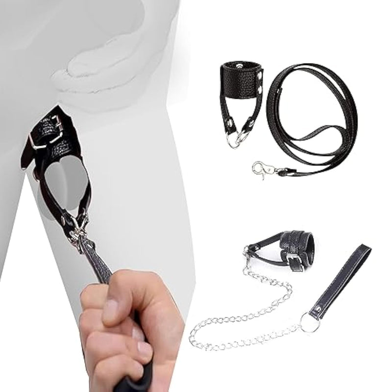 Leather Cock Ring Sex Bondage Bdsm Testicle Pulling Collar And Leash, Testicle Bondage Rope Sex Restraints For Men, Sexual Stimulation Device Chains, Sex Bdsm Rope