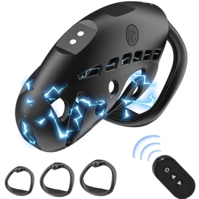 Chastity Device Set, Electric Shock Chastity Cage Smart Remote Cock Cage With 9 Frequency Stimuli & 3 Different Sized Cock Rings Adult Sex Toy For Men Penis Exercise