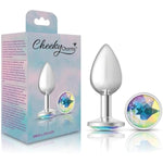 Viben Toys – Cheeky Charms Butt Plug – Body Safe Aluminum Alloy, Lightweight Anal Plug – Silver Round Clear Iridescent Acrylic Gemstone – Small