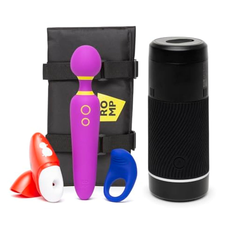 Pow Black Male Masturbator & Romp Pleasure Kit With Wand, Clitoral Suction Toy & Cock Ring - Couples Sex Toys Bundle
