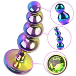 Metal Anal Beads Colorful Graduated Anal Plug with Jeweled Base Sturdy Curved Butt Plug G-spot Dildo Adult Sex Toys for Men Women (S)