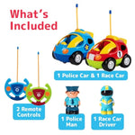 Prextex 2 Pack Cartoon Remote Control Cars for Toddlers - Police Car and Race Car with Steering Wheel Controllers and Lights - Different Frequencies So Both Can Race Together - Toddler Gift 18+ Months