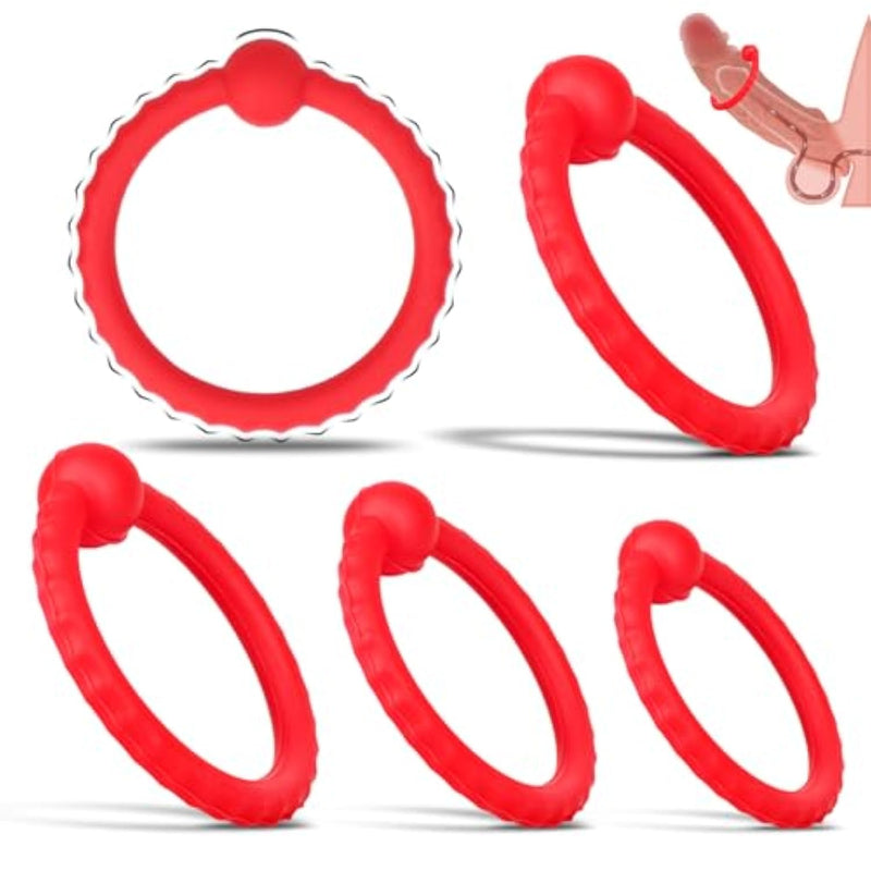 Silicone Cock Ring Penis O Ring With Massage Ball And Patterns For Male Penis Erection Extension Long Lasting Firmness Enlarger Powerful Adult Toys (Red)
