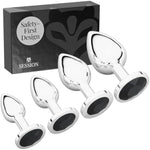 Jewel Butt Plug Beginner 4 Piece Set - Extra Small, Small, Medium, Large - Wide Base Prevents Slippage - Metal Anal Sex Adult Toy For Men & Women - Silver & Black - Circle Shaped Charm