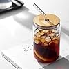Drinking Glasses with Bamboo Lids and Glass Straw 2PCS Set, 16oz Glass Cups with Lids and Straws, Beer Glasses, Iced Coffee Glasses, Soda, Gift 1 Cleaning Brushes