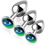 3-Piece Stainless Steel Anal Butt Plug Set – Green Eye Design In Small, Medium, And Large Sizes