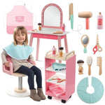 Pretend Hair Salon Wooden Play Set- Full Vanity Mirror with Chair & Rolling Cart- Playset Includes Blow Dryer, Brush, Styling, Cutting Tools- Girls Hair Dresser Stand, Stylist Fun, Xmas Gift for Kids