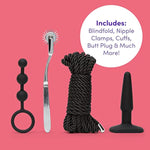All You Need Bondage Kit - 20 Piece Bondage Set - Includes Blindfold, Flogger, Nipple Clamps, Vibrators, Anal Beads, Cock Ring And Much More - Sex Toys For Couples - Black/Purple