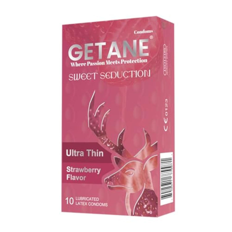 Strawberry Flavored Lubricated Condoms, Comfortable And Intensified Lubricant Condoms For Men, Premium Natural Latex, 10 Count Pack