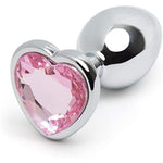 Jewelled Pink Heart Shaped Butt Plug - 2.5 Inch Metal Anal Plug - Petite Smooth Tapered Tip - Waterproof