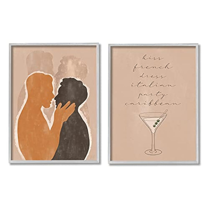 Stupell Industries Kiss French Party Caribbean Phrase Male Couple Embrace, Designed by Birch&Ink Gray Framed Wall Art, 2pc, Each 11 x 14, Brown