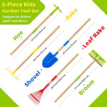 Kids Garden Tool Set: Safe Toddler Size Hoe, Rake, Shovel, Leaf Rake, Broom 5-Piece Kids Gardening Tools With Wooden Handle And Metal Head For Child Christmas Outdoor Toys Gift For Boys Girls
