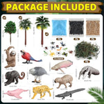 37Pcs Rainforest Animals Figures Toys Set, Rainforest Diorama Supplies Include Jungle Animal Figurines,Trees, Moss, Sand, Stones For Kids Historical Education School Project Decoration Birthday