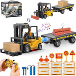 Rc Forklift Toy With Trailer, Kids Forklift Construction Toys Set With Flatbed Truck & Crane Toy Hook, 2 Battery/Spray/Light, Remote Control Forklift Toys For 6 7 8 9 10-12 Year Old Boys Gift