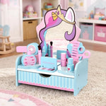 Wooden Makeup Vanity Set For Girls, Unicorn Pretend Play Kids Table Toys With Mirror, Drawer, Hair Salon Set & Makeup Accessories, Gift About Princess Dress Up For Toddlers Aged 3, 4, 5-8