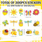 300 Pcs Summer Foam Stickers, 15 Designs with Bees, Suns, Fruits & Flowers