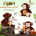 5 Pieces Monkey Plush Toy Set 1 Mommy Monkey Stuffed Animal With 4 Cute Plush Babies In Her Tummy 13 Inch Cuddly Monkey Plushie Gifts For Christmas Boys Girls Birthday Party(Cute Style)