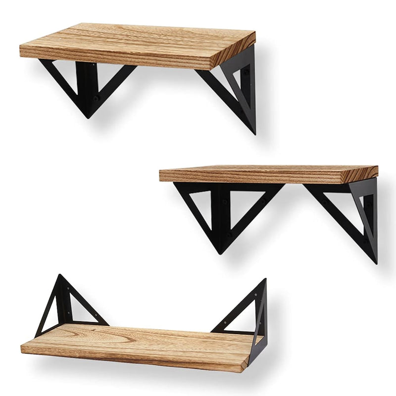 Rustic Wood Wall Shelves Set Of 3,Floating Shelves Wall Mounted With Metal Bra