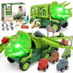 Jurassic Dinosaur Truck With Track & Lights & Sounds, Triceratops Dinosaur Toys For Kids 3-5 Transport Playset With Dino Cars, Eggs, Fossil & Scene Assembly Toys For 2 3 4 5 Year Old Boys