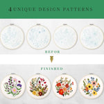 4 Sets Beginner Embroidery Kits with Floral Patterns, Hoops, Needles & Fabric