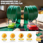 15.75 Ft Flex Track For Kids, Flexible Race Track Compatible With Hot Wheels And Diecast 1/64Th Cars, Roll-Up Portable Race Car Ramp Track With Suction Cups & Track Anchors & 4 Race Cars, Green