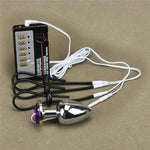 Purple Gemstone Base Metal Anal Plug Set with 3 Stretchable Penis Rings and Electric Shock Function