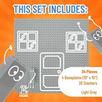 Strictly Briks Baseplate Set - Compatible with Lego, 10 x 10 in 4 Baseplates with 30 Stackers, Stackable Baseplates Buildbing Toy Blocks Custom Display Towers, Kids, Light Grey