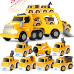 8 In 1 Fire Truck Toy Cars For Kids, Carrier Truck For 3 4 5 6 Years Old Boys Girls Toddlers, Pull Back Cars Set With Music & Light, Birthday Presents For Kids, (Yellow)