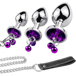 Anal Plug Trainer Kit, 3 Pcs Metal Anal Butt Plugs, Jewelry Anal Trainer Sex Toys With Bell And Traction Chain For Beginners Advanced Users (Deep Purple)