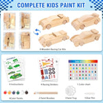 4 Pcs Wooden Race Car Painting Kit for Kids with Paints, Brushes & Instructions