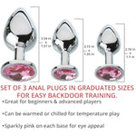 Pink Gem Anal Plug Set – 3 Butt Plug Sizes, Body-Safe Aluminum, Temperature Play, Sparkling Pink Jewel Base, Includes Velvet Storage Bag - Anal Training Kit For Backdoor Play