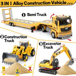 Kids Construction Toys With Tractor & Excavator Toy, 3 In 1 Die-Cast Semi Truck Toy With Light & Sound - Engineering Transport Truck Vehicles Model Car For Boys Age 3 4 5 6
