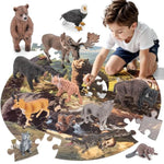 12Pcs Large North American Animal Figurines & 67Pcs Large Woodland Jigsaw Puzzles Toys For Preschool Kids Toddlers, Ideal Realistic Safari Animals Toys Gift For Toddlers Kids