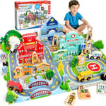 40+Pcs Wooden Community Helpers Preschool Toys For Kids 3 4 5 6, Little People Figures Blocks With Cars & Town Map, Toddlers Learning Pretend Play Toys Boys Girls Christmas Birthday Gifts