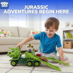Jurassic Dinosaur Truck With Track & Lights & Sounds, Triceratops Dinosaur Toys For Kids 3-5 Transport Playset With Dino Cars, Eggs, Fossil & Scene Assembly Toys For 2 3 4 5 Year Old Boys